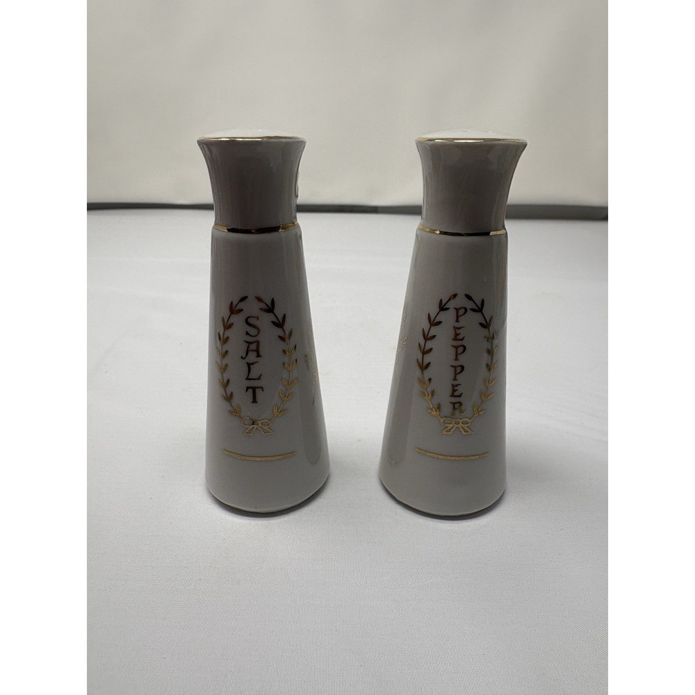Vintage Grace Before & After Meals Salt & Pepper Shakers Mid-Century Modern Gold